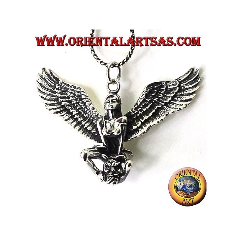 silver pendant, winged woman with skull