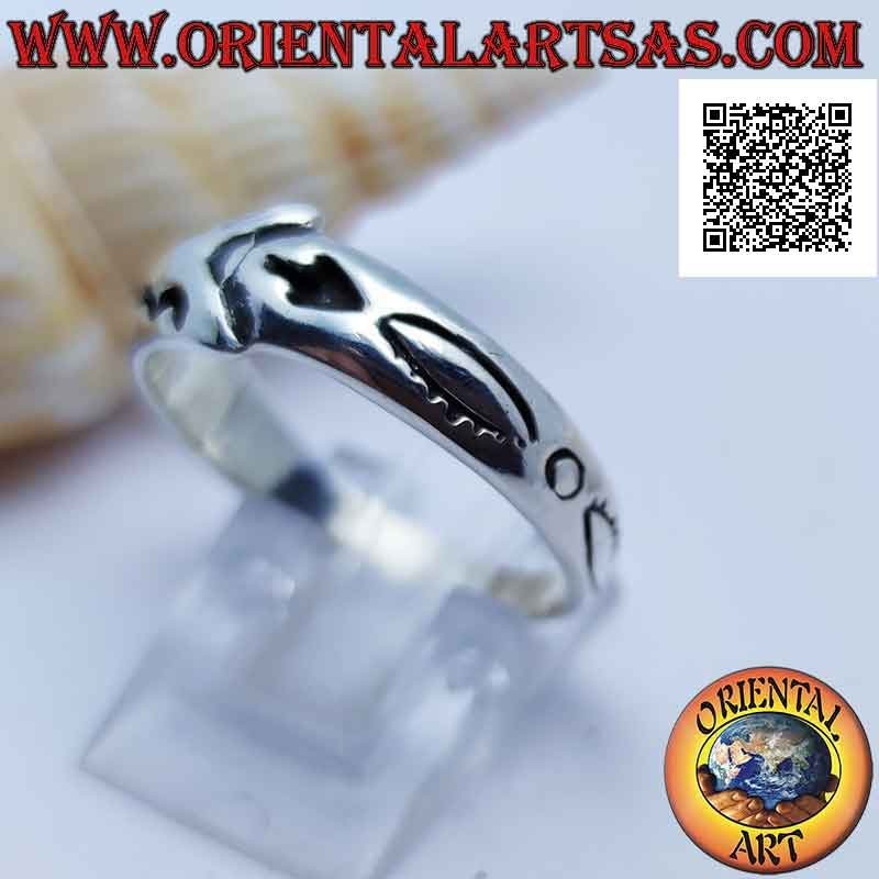 Silberring mit Halbmondring mit Überlappung mit gemischten Gravuren