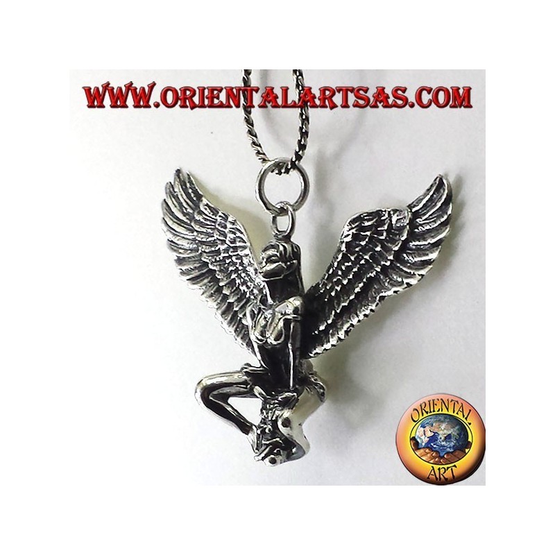 silver pendant, winged woman with skull