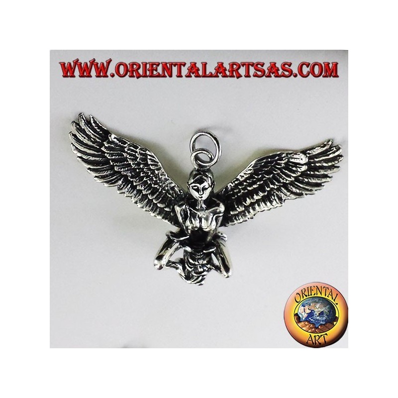 silver pendant, winged woman with skull