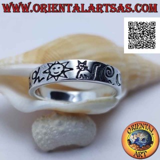 Silver ring with smooth band with engraved symbols (sun, cat, spiral, moon)