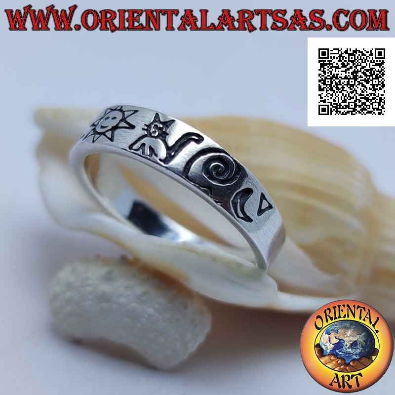 Silver ring with smooth band with engraved symbols (sun, cat, spiral, moon)