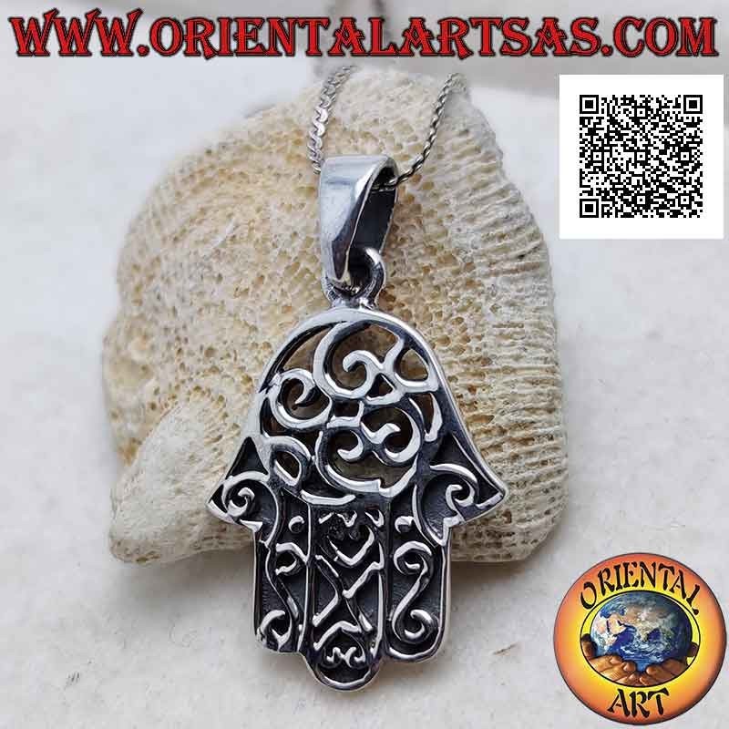 Hand of Fatima silver pendant with bas-relief and perforated decoration on the palm