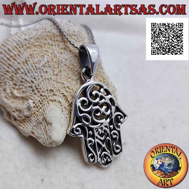 Hand of Fatima silver pendant with bas-relief and perforated decoration on the palm