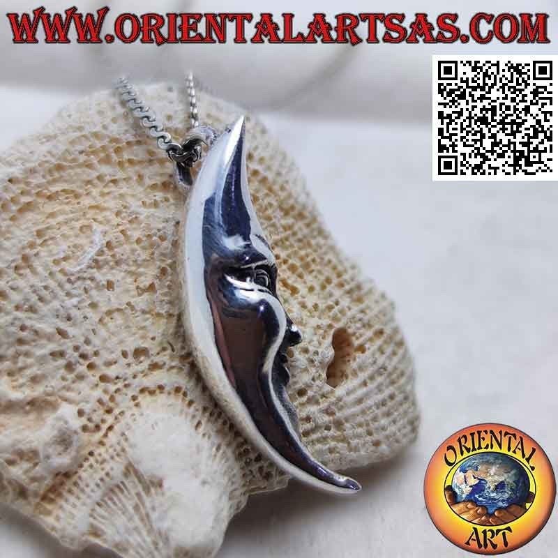 Ciondolo in argento, mezzaluna liscia con volto sagomato (stretta e lunga)