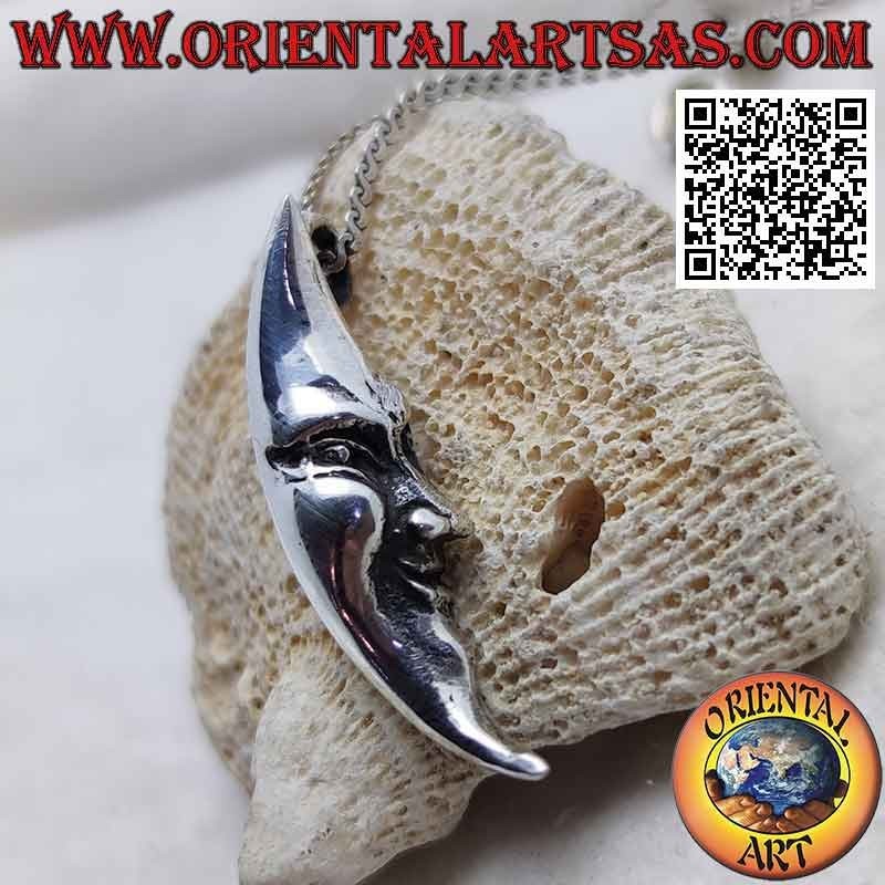 Ciondolo in argento, mezzaluna liscia con volto sagomato (stretta e lunga)