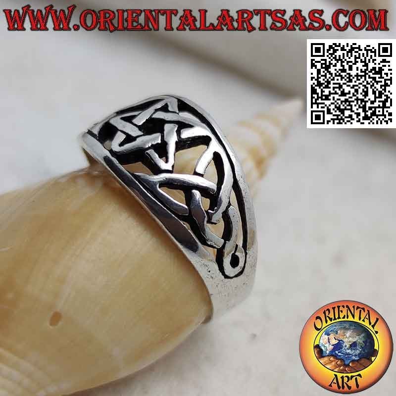 Silver ring with perforated growing band with central pentacle and triquetra and infinity on the sides
