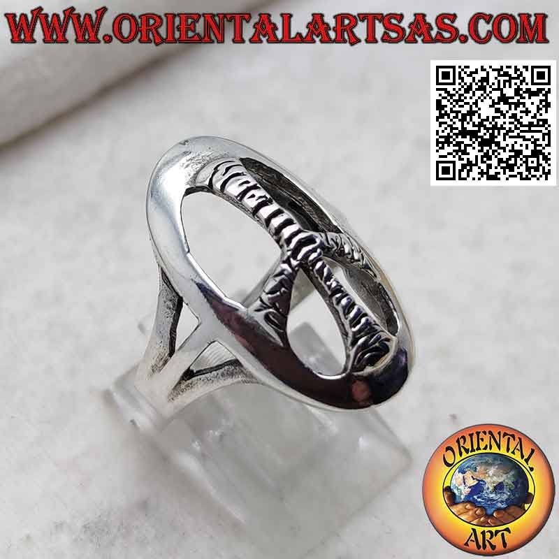 Anello in argento con simbolo della pace ovale bombato