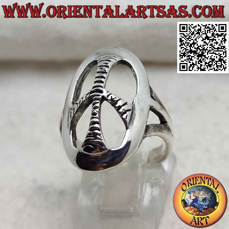 Anillo de plata con símbolo de paz ovalado redondeado