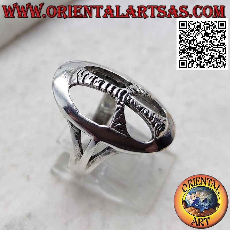 Silver ring with rounded oval peace symbol