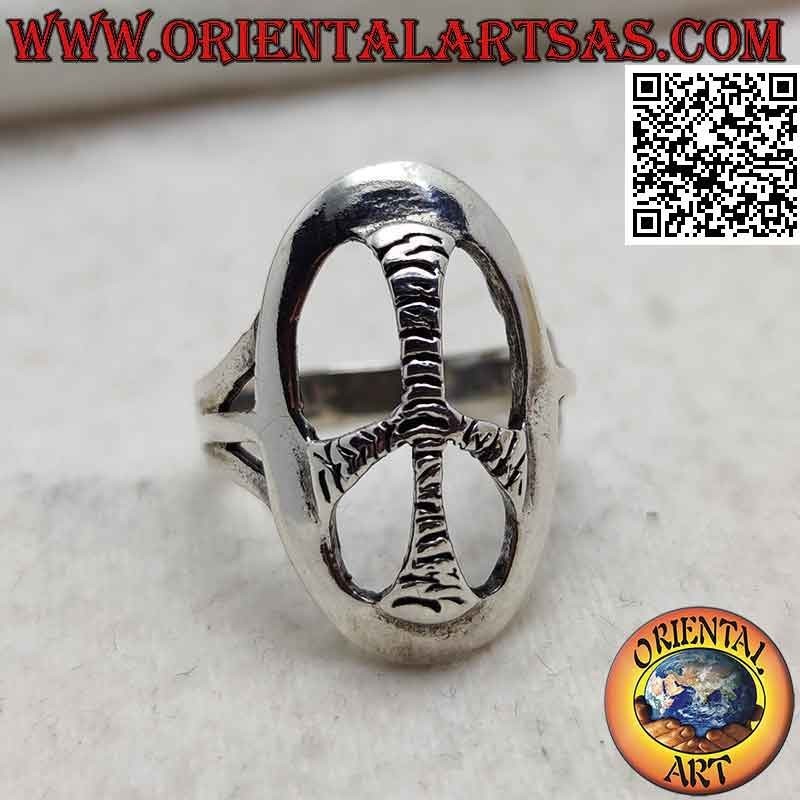 Silver ring with rounded oval peace symbol
