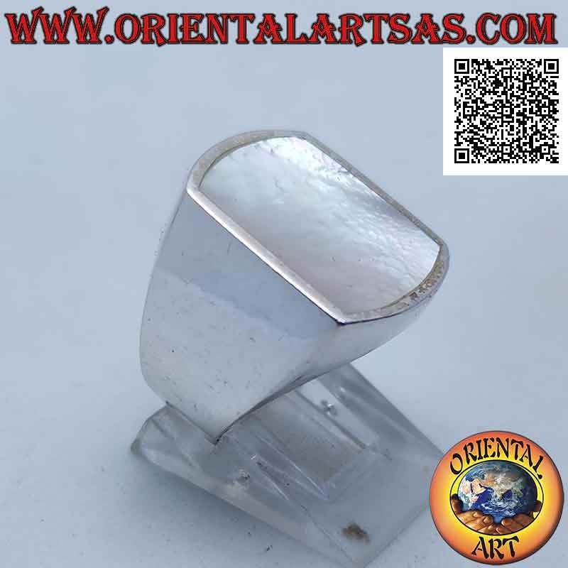 Silver ring with rectangular mother-of-pearl curved on two sides flush with the edge on a smooth setting