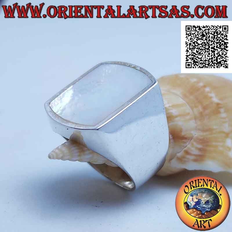 Silver ring with rectangular mother-of-pearl curved on two sides flush with the edge on a smooth setting
