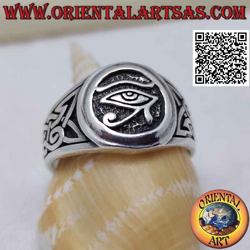 Silver ring, eye of Horus and Celtic knots on the sides in bas-relief