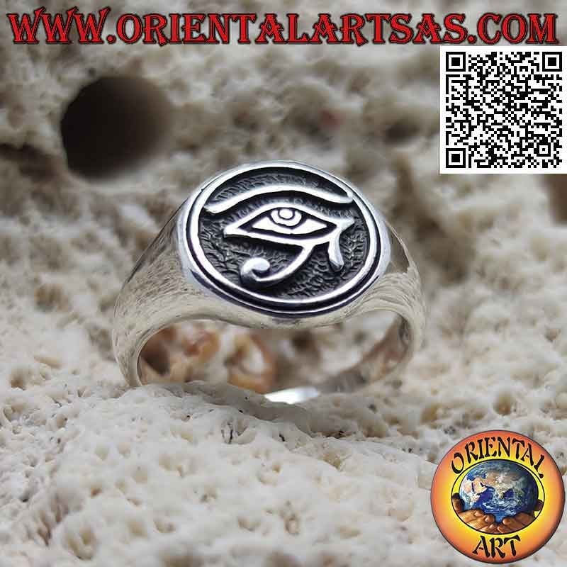 Smooth silver ring with eye of Horus in the circle in bas-relief