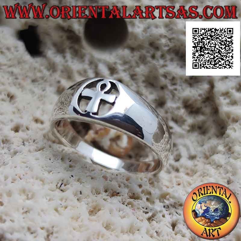 Smooth silver ring with Ankh (key of life or ansata cross) in the pierced circle
