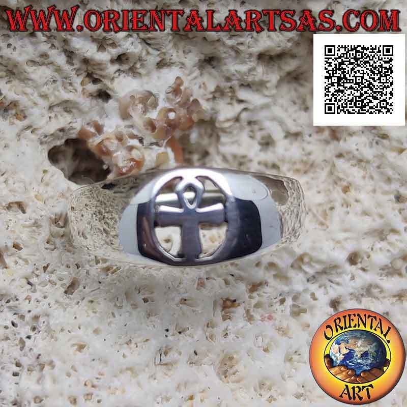 Smooth silver ring with Ankh (key of life or ansata cross) in the pierced circle