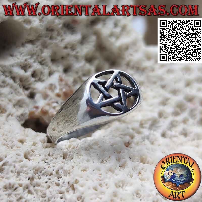 Smooth silver ring with smooth pentacle in the horizontal perforated oval