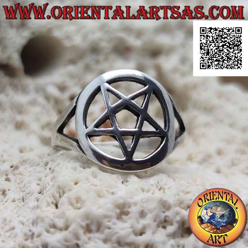 Silver ring with smooth pentacle in the perforated circle attached to two (rounded)