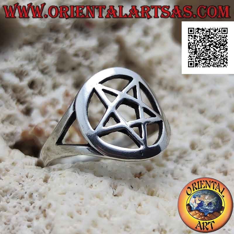 Silver ring with smooth pentacle in the perforated circle attached to two (rounded)