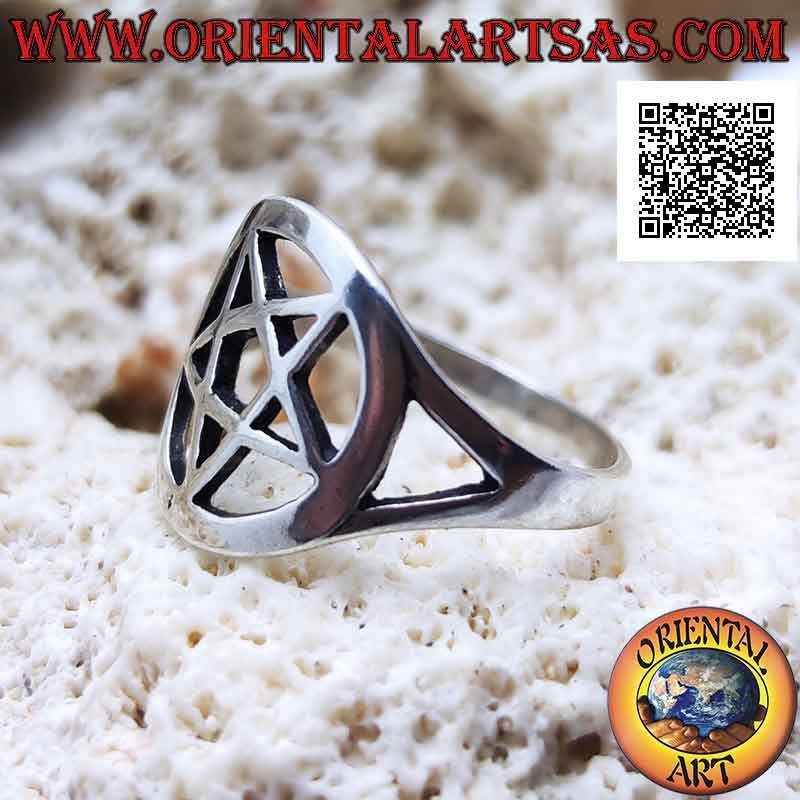 Silver ring with smooth pentacle in the perforated circle attached to two (rounded)