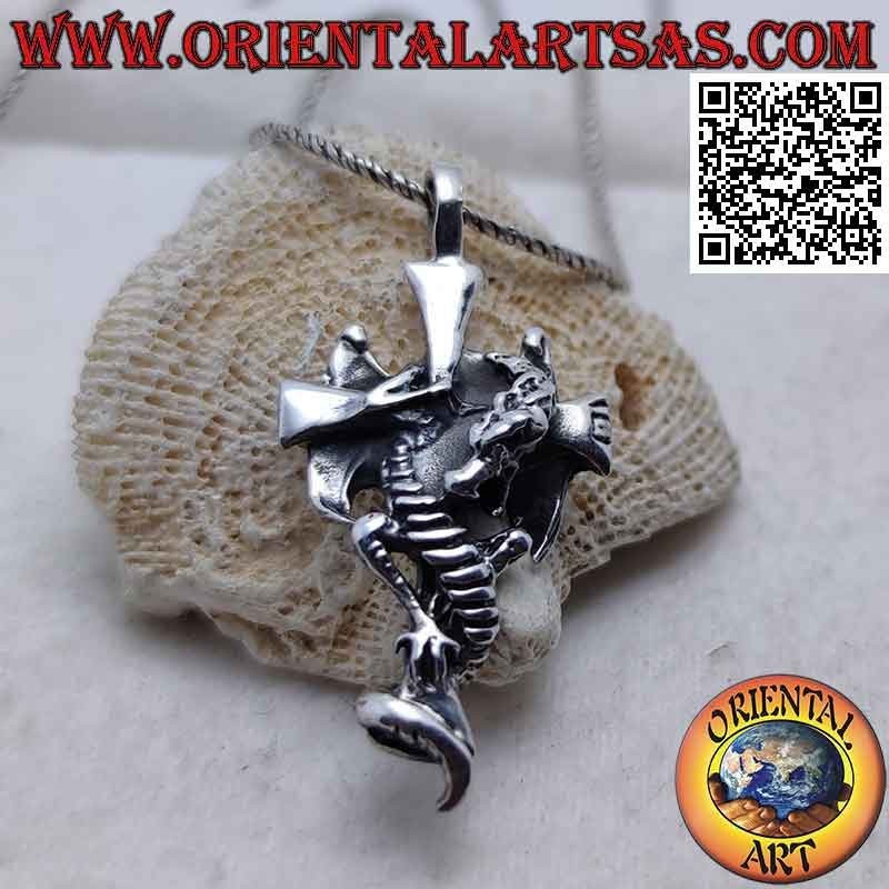Silver smooth latin cross pendant with clinging winged dragon