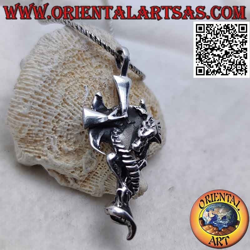 Silver smooth latin cross pendant with clinging winged dragon