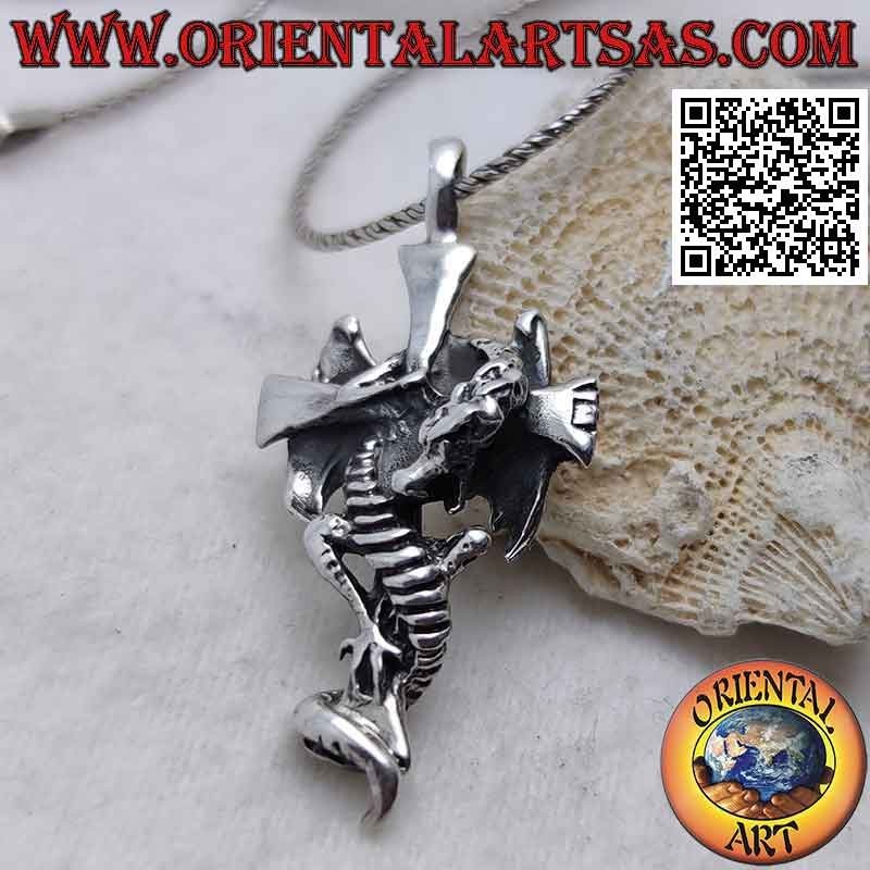 Silver smooth latin cross pendant with clinging winged dragon