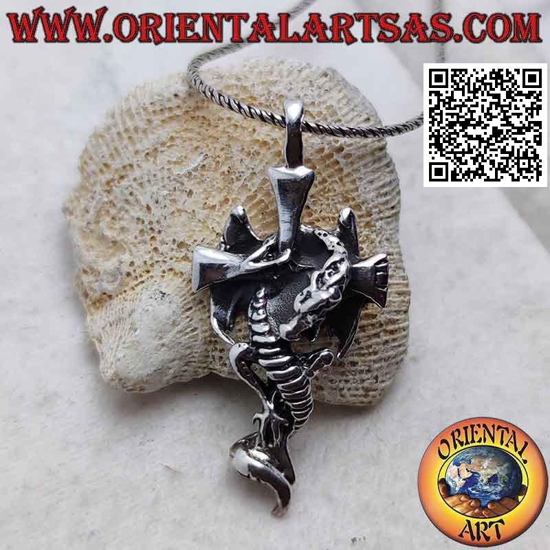 Silver smooth latin cross pendant with clinging winged dragon