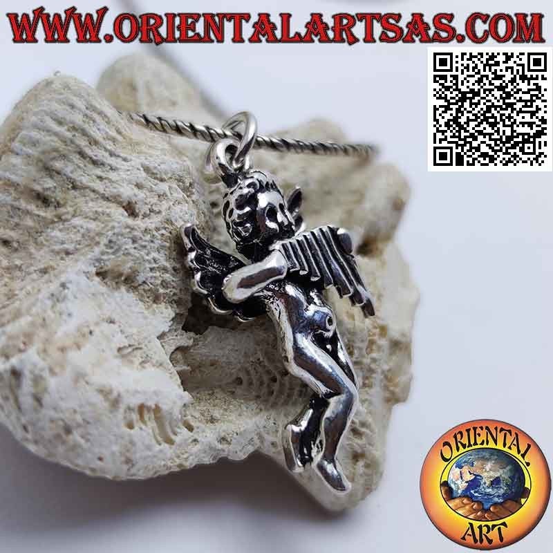 Silver pendant in the shape of an angel with three-dimensional harp