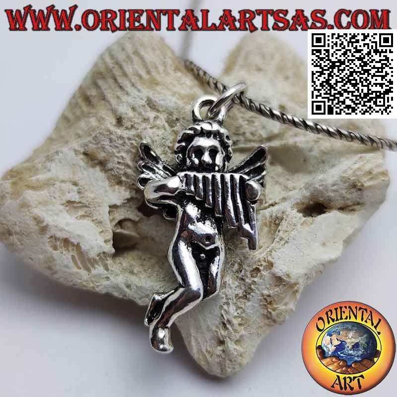 Silver pendant in the shape of an angel with three-dimensional harp