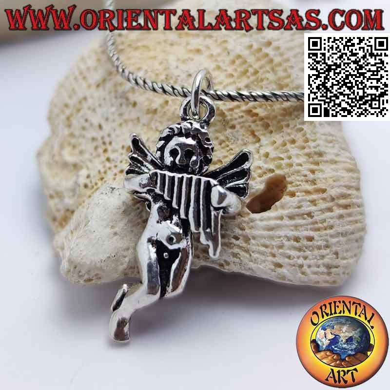 Colgante de plata en forma de ángel con arpa tridimensional