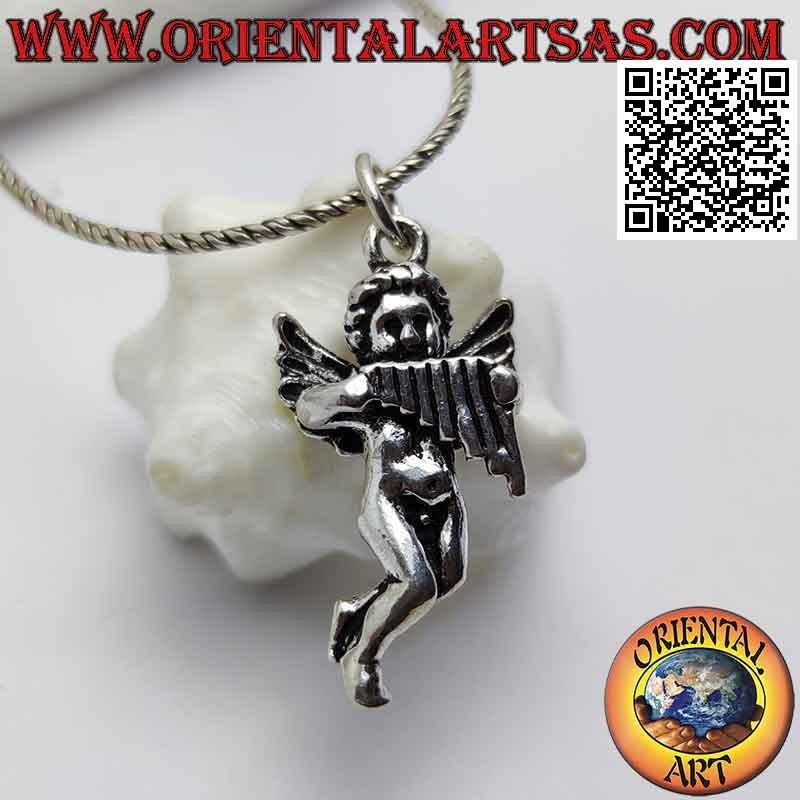 Silver pendant in the shape of an angel with three-dimensional harp