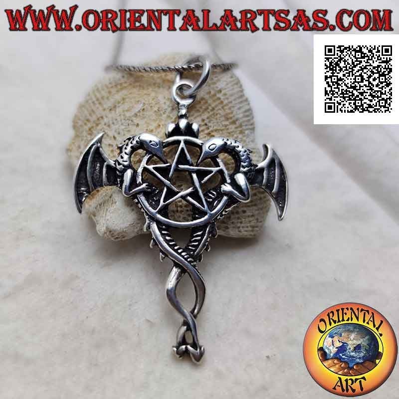 Pentacle silver pendant with two winged dragons clinging to the sides