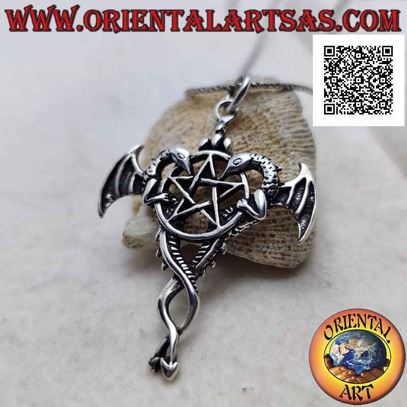 Pentacle silver pendant with two winged dragons clinging to the sides