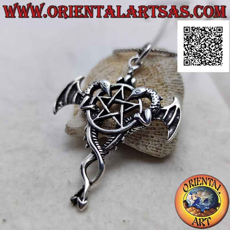 Pentacle silver pendant with two winged dragons clinging to the sides