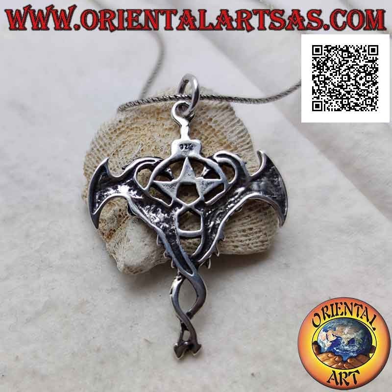 Colgante de plata pentáculo con dos dragones alados a los lados