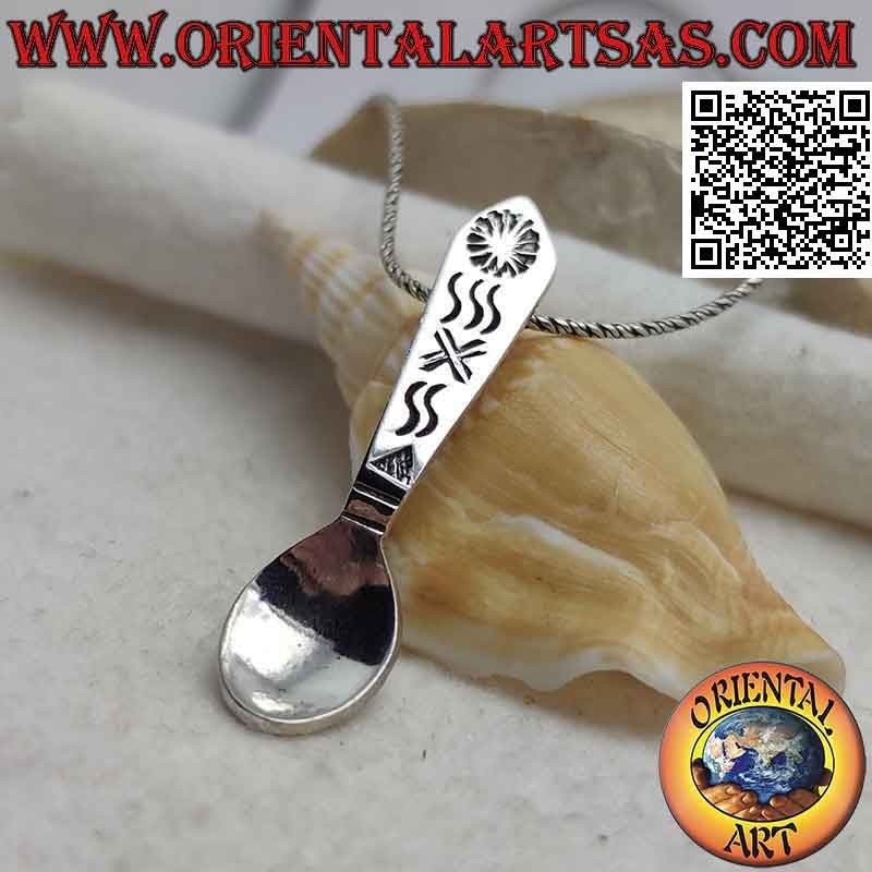 Pendentif cuillère à café en argent avec gravures géométriques (X)