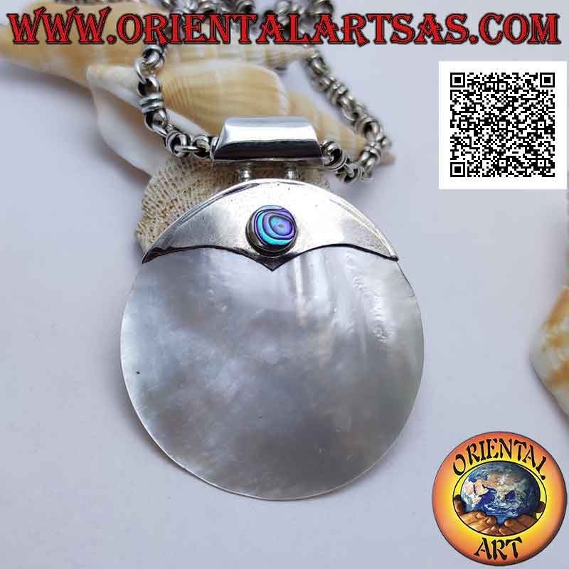 Colgante de plata con gran nácar redondo con inserto liso (con concha de paua) y gancho tubular