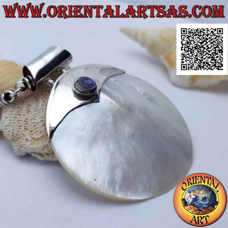 Colgante de plata con gran nácar redondo con inserto liso (con concha de paua) y gancho tubular