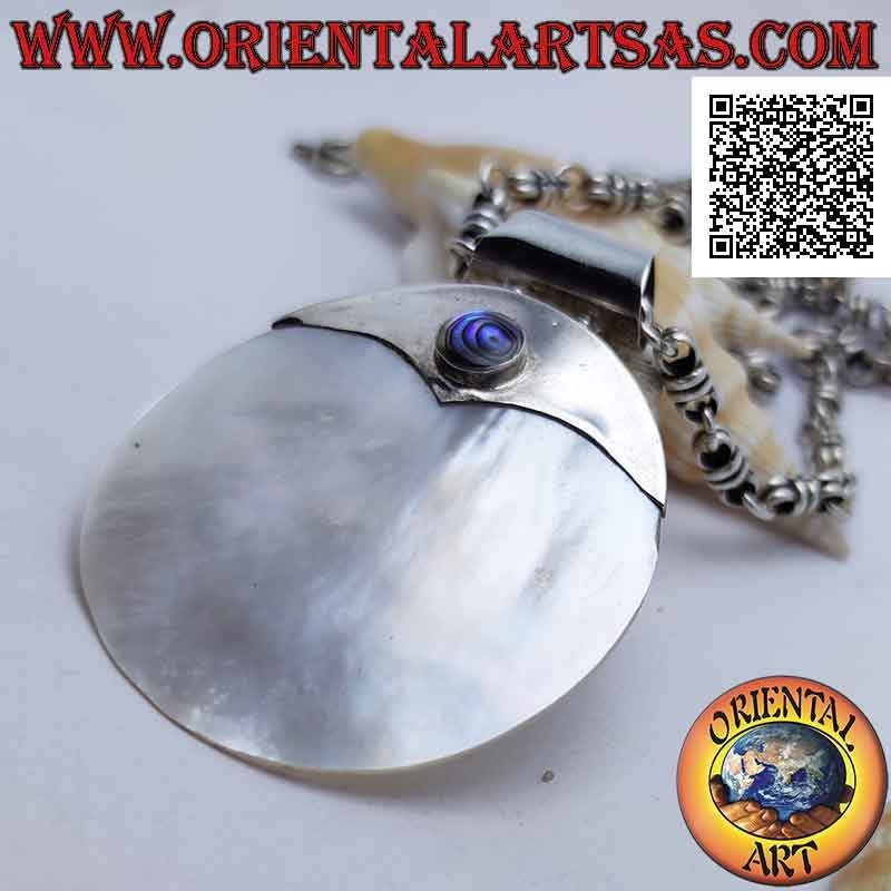 Pendentif en argent avec grande nacre ronde avec insert lisse (avec coquillage paua) et crochet tubulaire