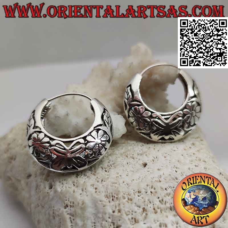 Silver earrings, smooth crescent circles with openwork butterflies and flowers