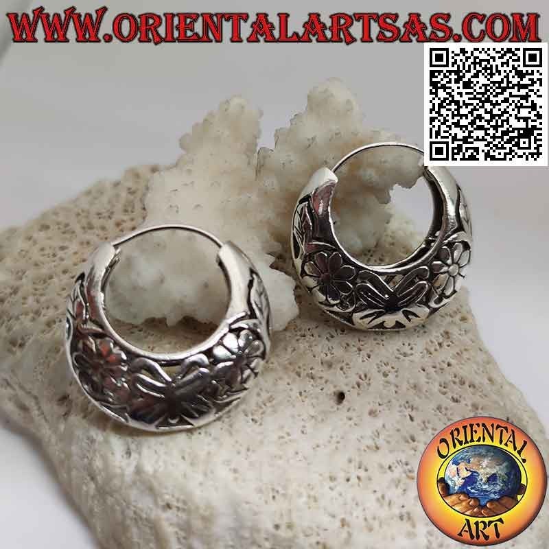 Silver earrings, smooth crescent circles with openwork butterflies and flowers