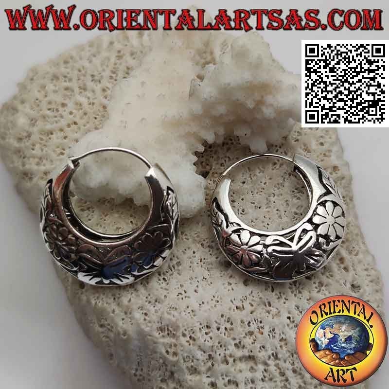 Boucles d'oreilles en argent, cercles lisses en croissant avec papillons et fleurs ajourés