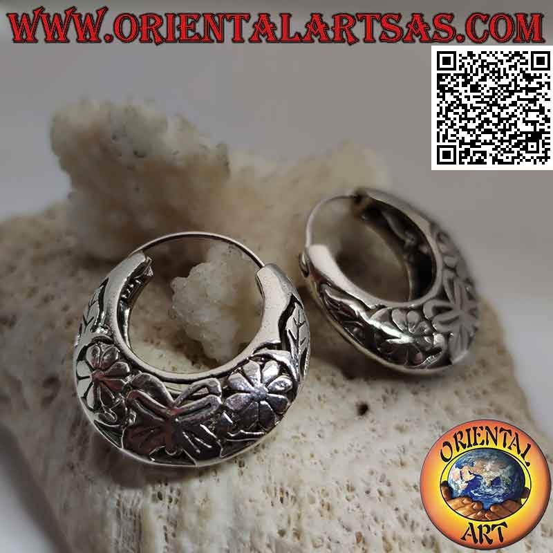 Boucles d'oreilles en argent, cercles lisses en croissant avec papillons et fleurs ajourés