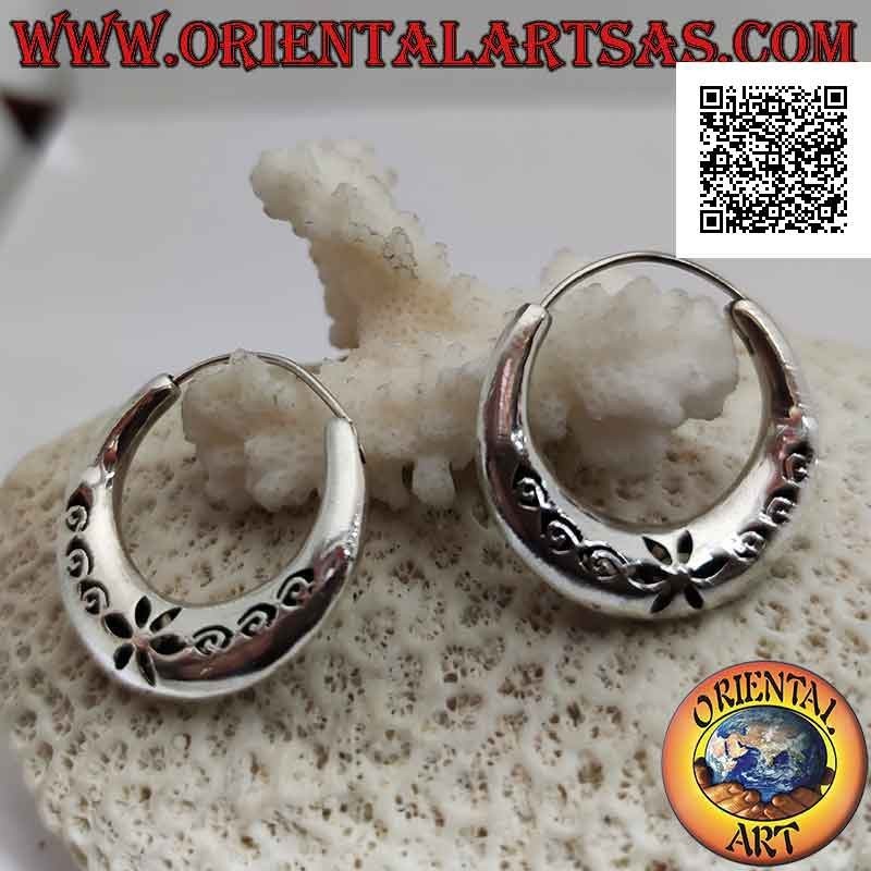Silver earrings, smooth crescent circles with daisy and perforated spirals