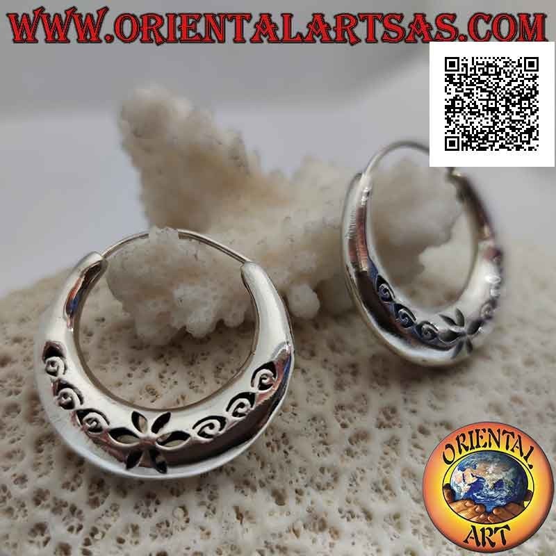 Silver earrings, smooth crescent circles with daisy and perforated spirals