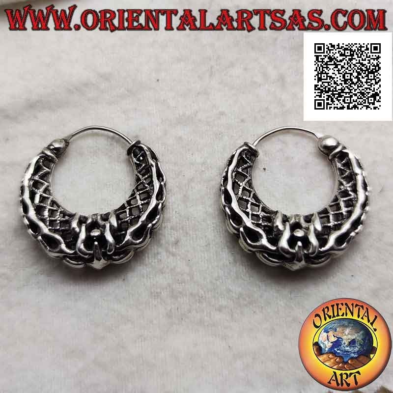 Boucles d'oreilles en argent, cercles demi-lune avec entrelacement perforé épais et spécial