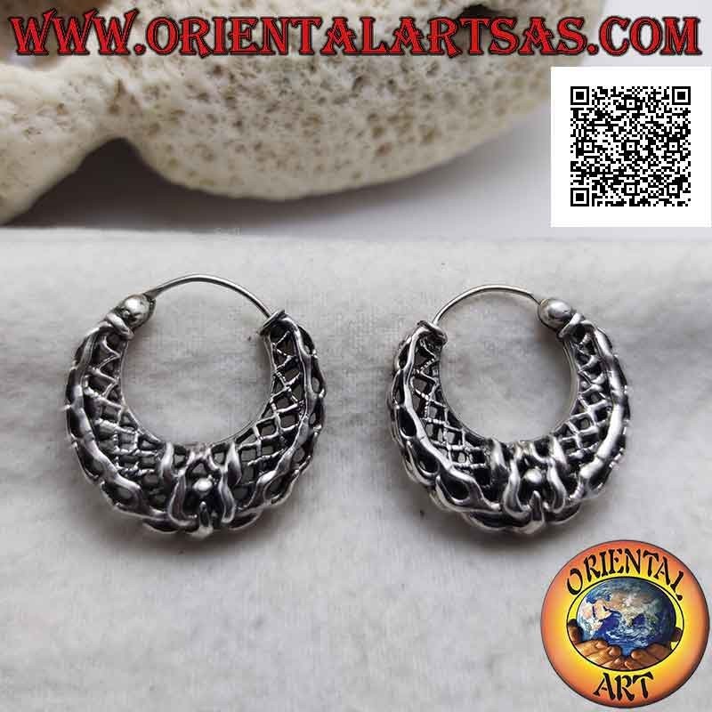 Silver earrings, half-moon circles with thick and special perforated interweaving