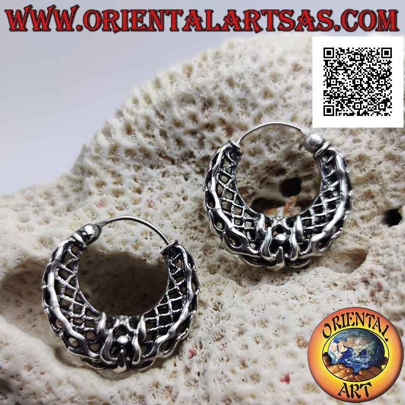 Silver earrings, half-moon circles with thick and special perforated interweaving